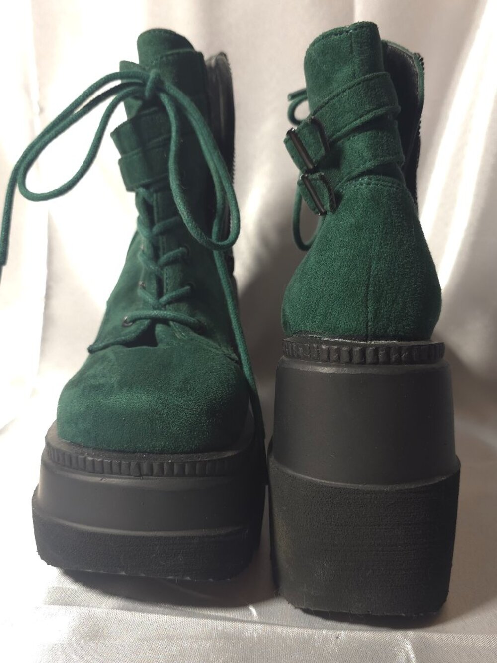 Demonia Shaker-52 Dark Green Suede Platform Wedge Boots Women's 7